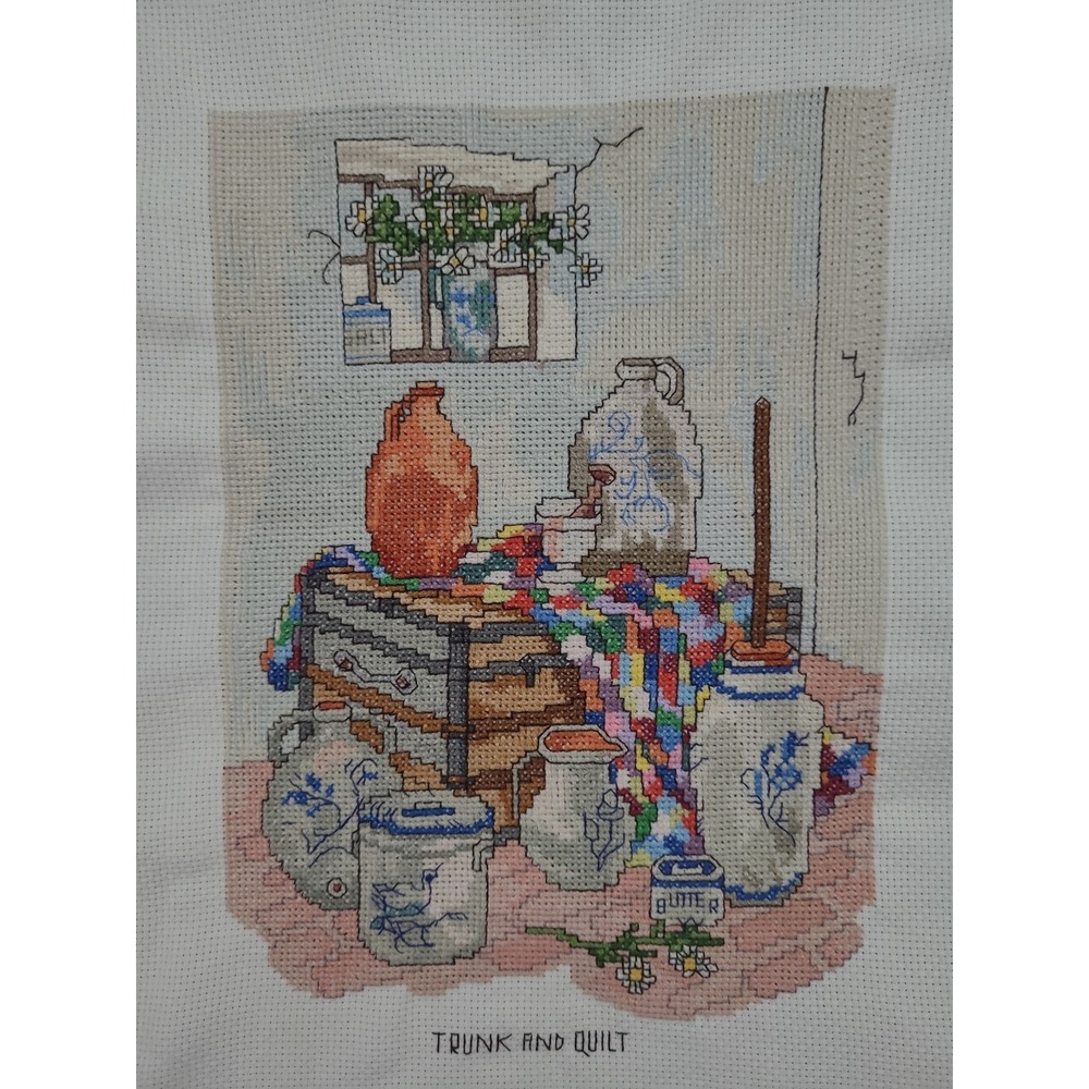 Completed Cross Stitch Antique Scene Quilt‎ Trunk Butter Churn Stoneware Crock